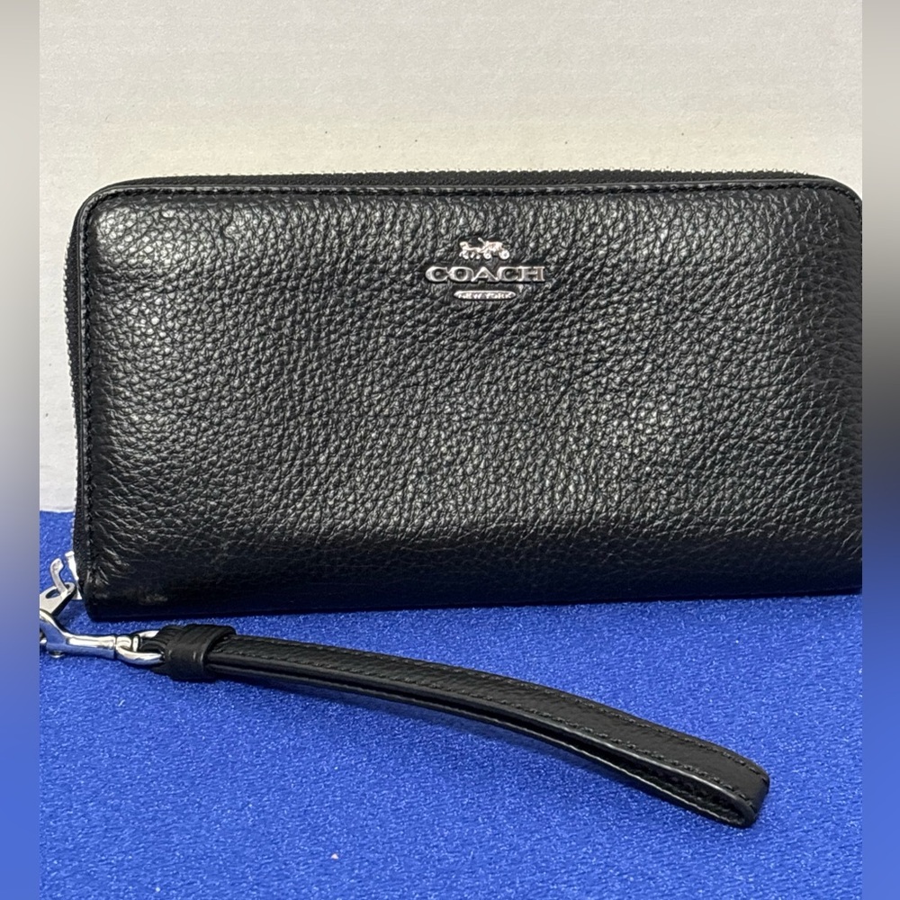 Coach Black Pebbled Leather Zip Wristlet with Silver Logo